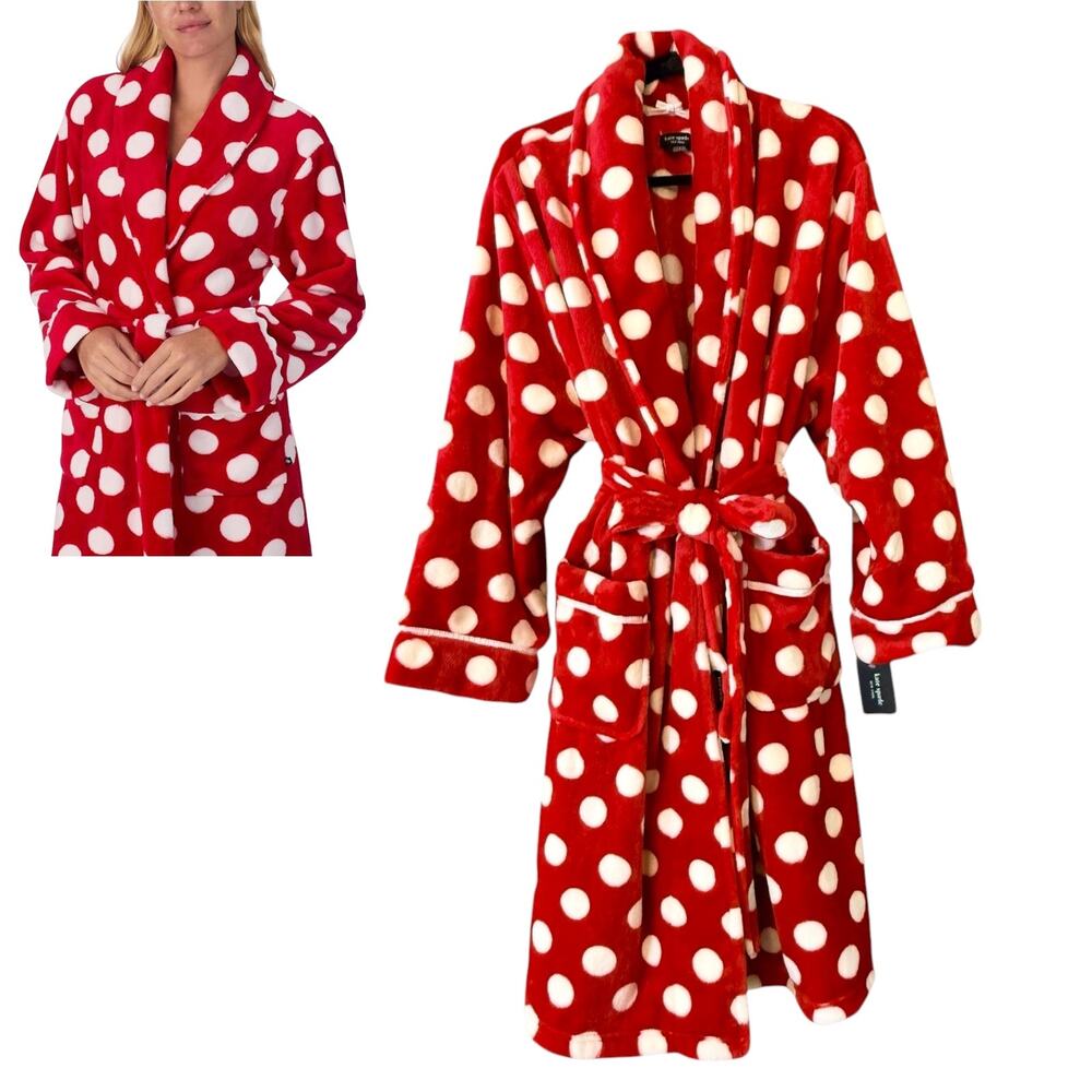 Kate Spade Polka Dot Robe LG XL Red White Shawl Collar Plush Belt Tie 42.5" New